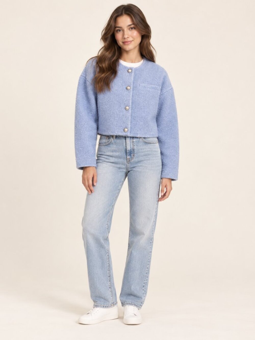 H&M Powder Blue Bouclé Cropped Jacket Silver Buttons XS 0858